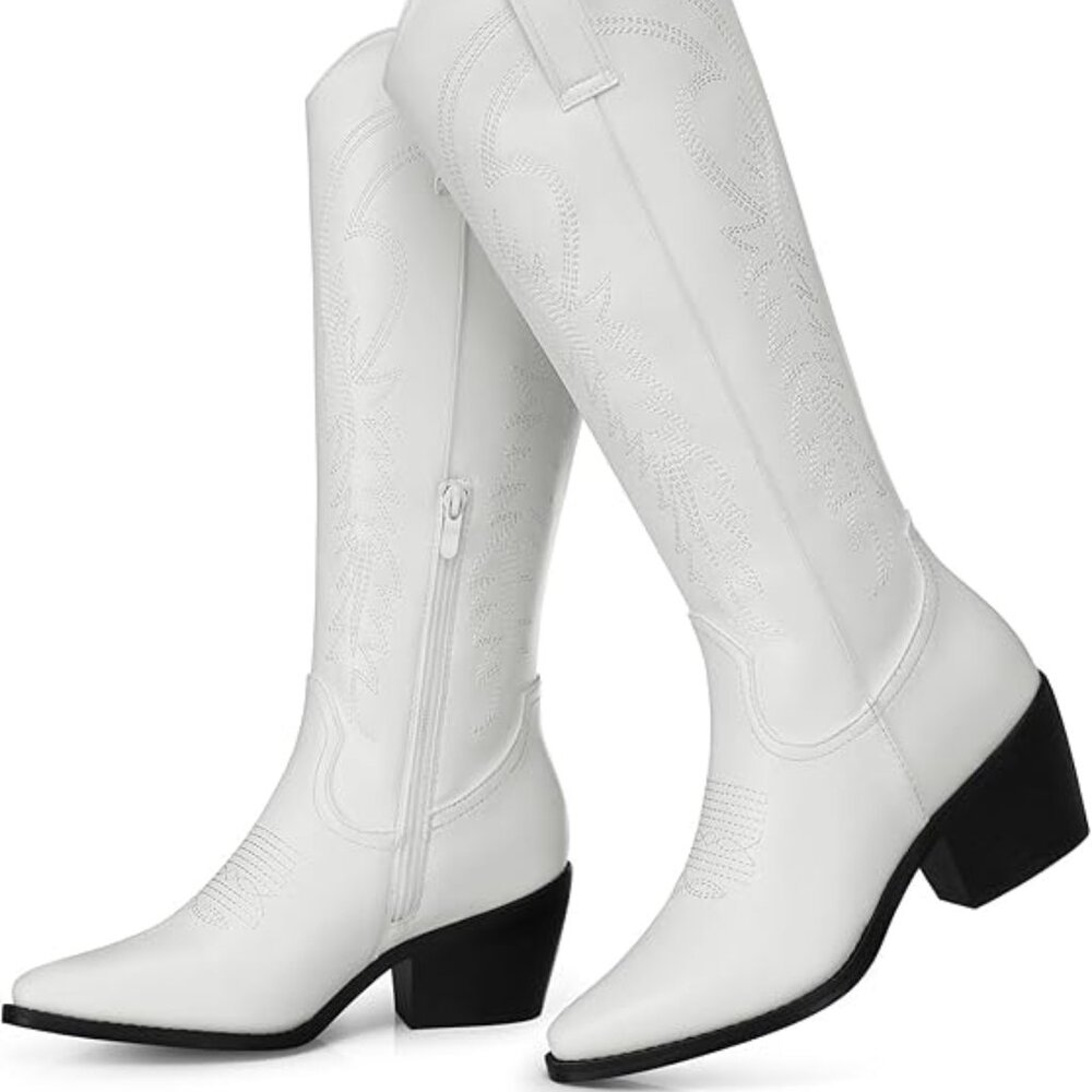 NEW! Cowboy Boots for Women Knee High Pointed Toe Chunky Heel Wide Calf Booties